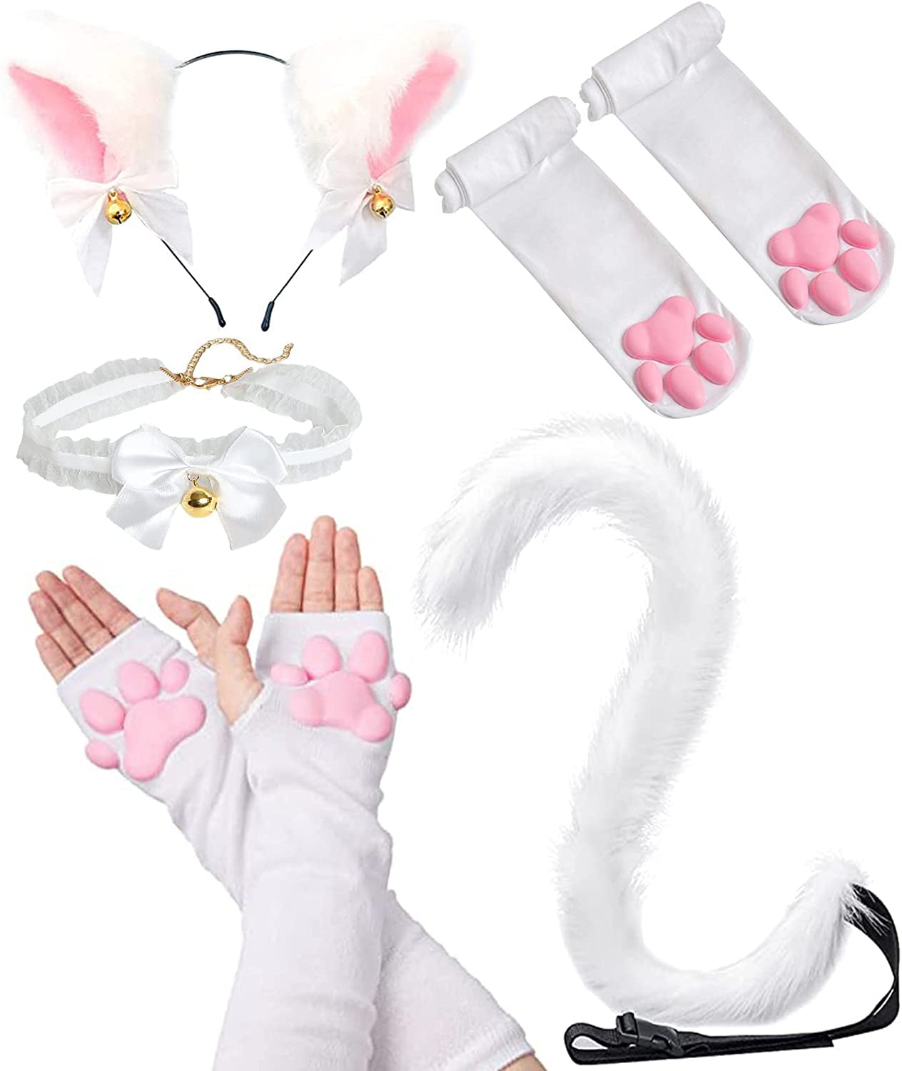 Cute Cat Paw Mittens Gloves, Kawaii Cat Cosplay Kawaii Soft 3D Toes Beans Fingerless Cat Claw Paws Pad Sleeve Apparel & Accessories > Clothing Accessories > Gloves & Mittens HOMEGYMFREE 5 Pcs White  