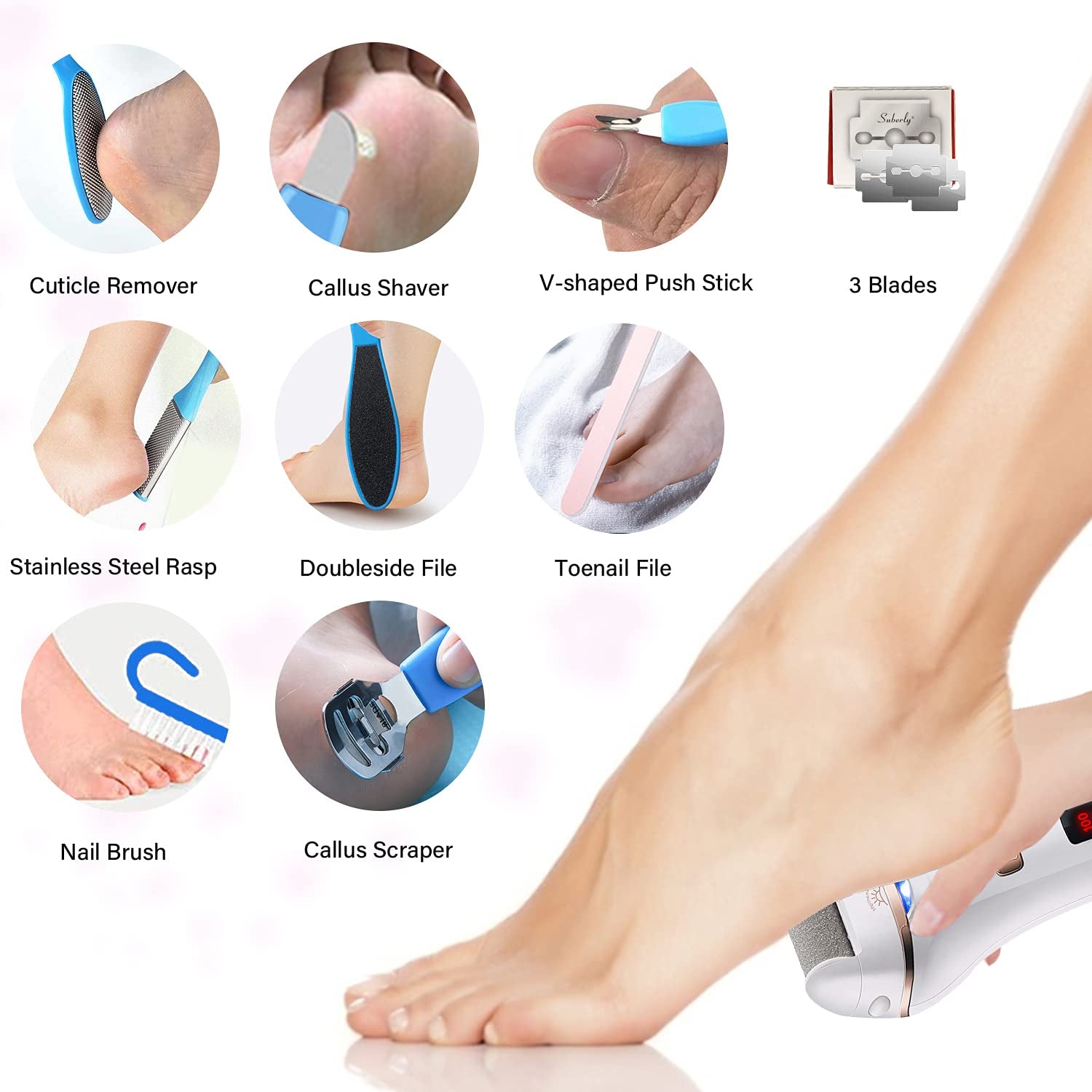 Rechargeable Callus Remover for Feet Electric,Pedicure Kit Tools Foot Care Set,Professional Foot Scrubber for Cracked Heels,Dead Skin,With 3 Roller Heads,2 Speeds,Power Display for Travel,Home Health & Beauty > Personal Care > Foot Care Gearmatte   