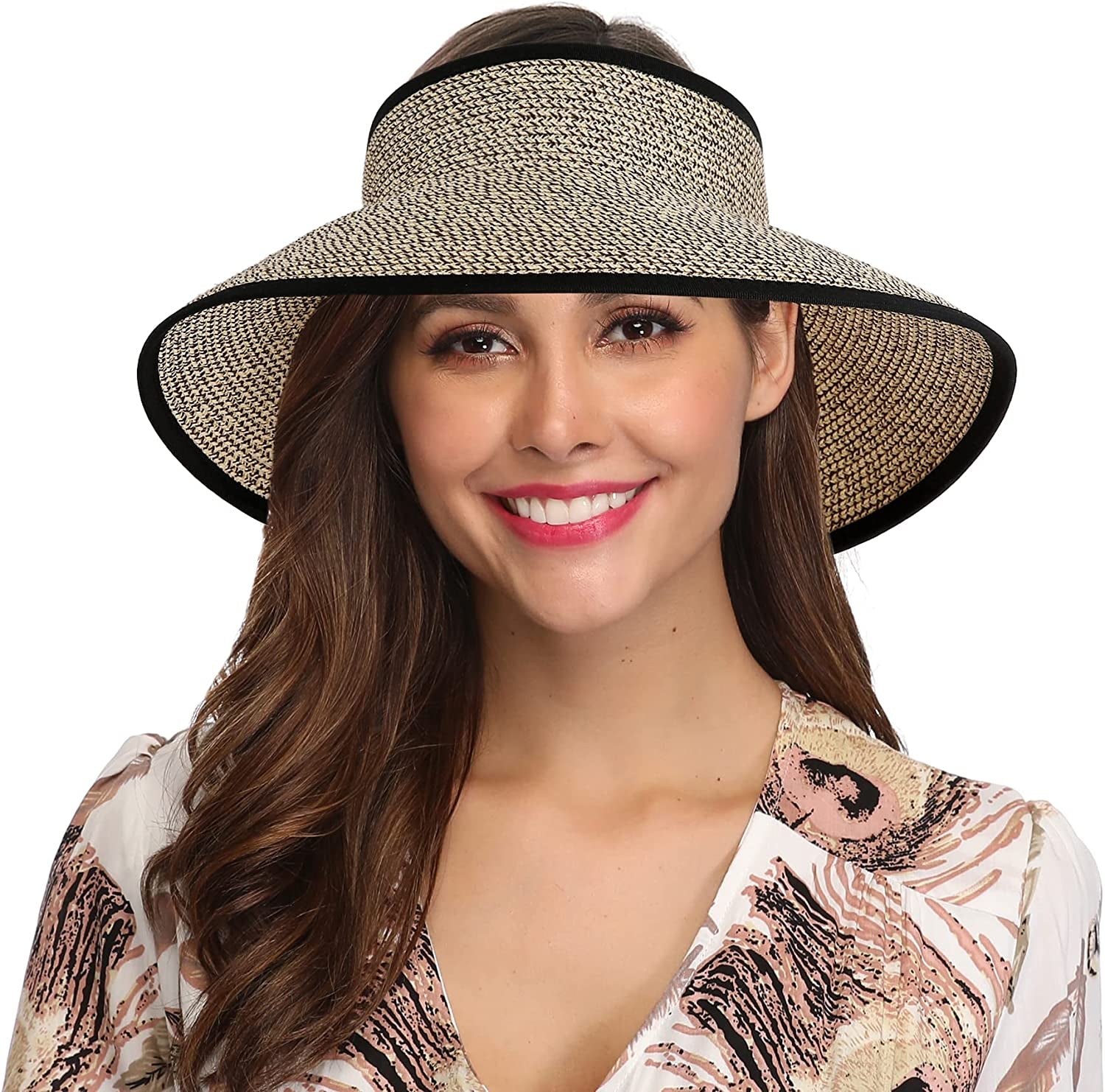 Lanzom Women Packable Hat Sun Visor Hats Wide Brim Straw Roll up Ponytail Summer Beach Hat UPF 50 Apparel & Accessories > Clothing Accessories > Hats Lanzom Mixed Khaki One Size 