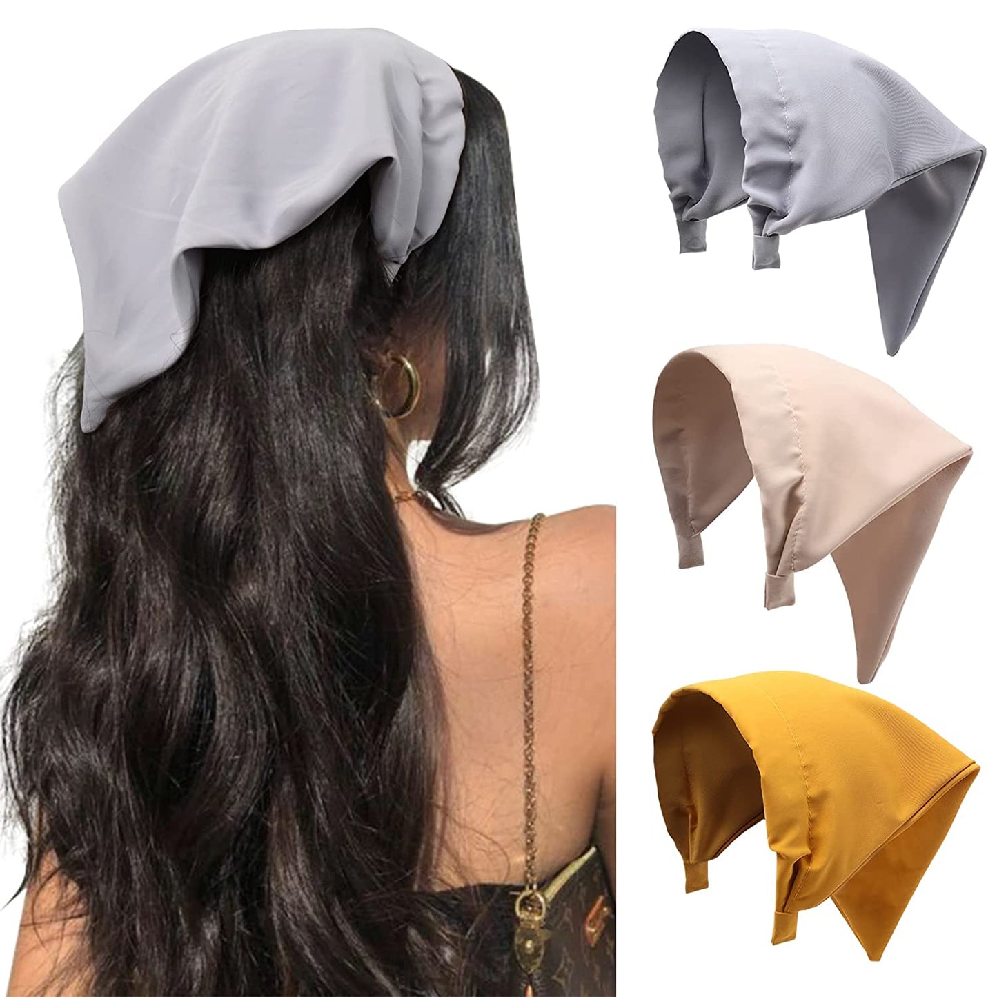Floral Hair Scarf Headbands for Women - HAIMEIKANG Boho Hair Bandanas Scarf for Women Triangle Head Kerchief Solid Color Hair Bands Vintage Head Scarf (Beige+Yellow+Black) Apparel & Accessories > Clothing Accessories > Bandanas & Headties HAIMEIKANG Grey+Beige+Yellow  
