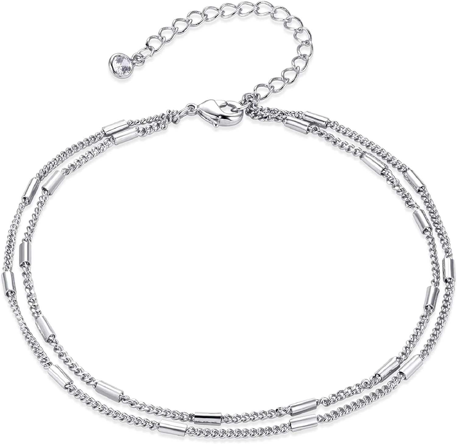 LOYATA Dainty Ankle Bracelet,14K Gold Plated Tiny Bead Anklet Dainty White Cubic Zirconia Cross Tassel Foot Chain Cute Lucky Moon Evil Eye Foot Jewelry Boho Anklets for Women Apparel & Accessories > Jewelry > Anklets LOYATA Layer Silver Bead  