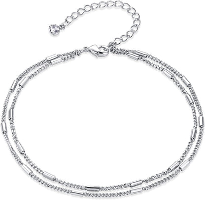 LOYATA Dainty Ankle Bracelet,14K Gold Plated Tiny Bead Anklet Dainty White Cubic Zirconia Cross Tassel Foot Chain Cute Lucky Moon Evil Eye Foot Jewelry Boho Anklets for Women Apparel & Accessories > Jewelry > Anklets LOYATA Layer Silver Bead  