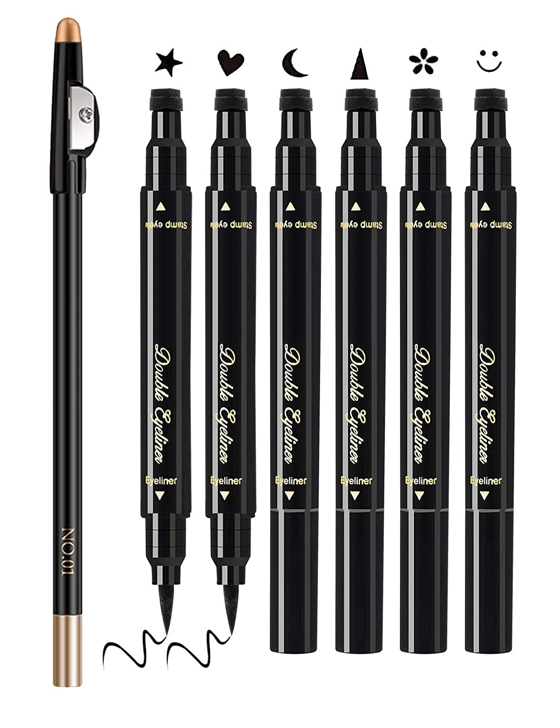 Eyeliner Stamps,7 Pcs Eyebrow Pencil Liquid Eyeliner Set,Waterproof Face Stamps with Heart/Flower/Moon/Star/Smiley Face/Triangle Seal Stamp,Long Lasting Seal Eyeliner Pen ,Eye Decoration Eye Liner Makeup Tool Black No Smudge (7PCS) Health & Beauty > Personal Care > Cosmetics > Cosmetic Tools > Makeup Tools POPMISOLER 7PCS  