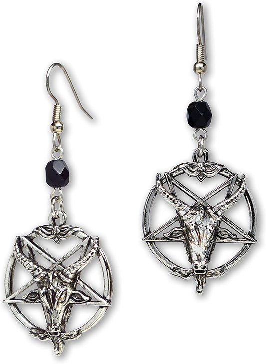 Baphomet Satanic Goat Head Inverted Pentagram Silver Finish Dangle Earrings Apparel & Accessories > Jewelry > Earrings Real Metal   