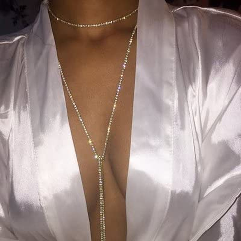 Kercisbeauty Muti Row Boho Tennis Chain Rhinestones Choker Long Chain Necklace for Women and Girls Jewelry (Gold) Apparel & Accessories > Jewelry > Necklaces Kercisbeauty Silver  