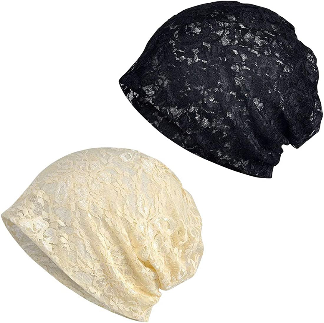 Ebossy Women'S Elegant Floral Lace Slouchy Beanie Summer Hat Headwear Circle Loop Scarf Apparel & Accessories > Clothing Accessories > Headwear ebossy 2 Pack Black/Beige  