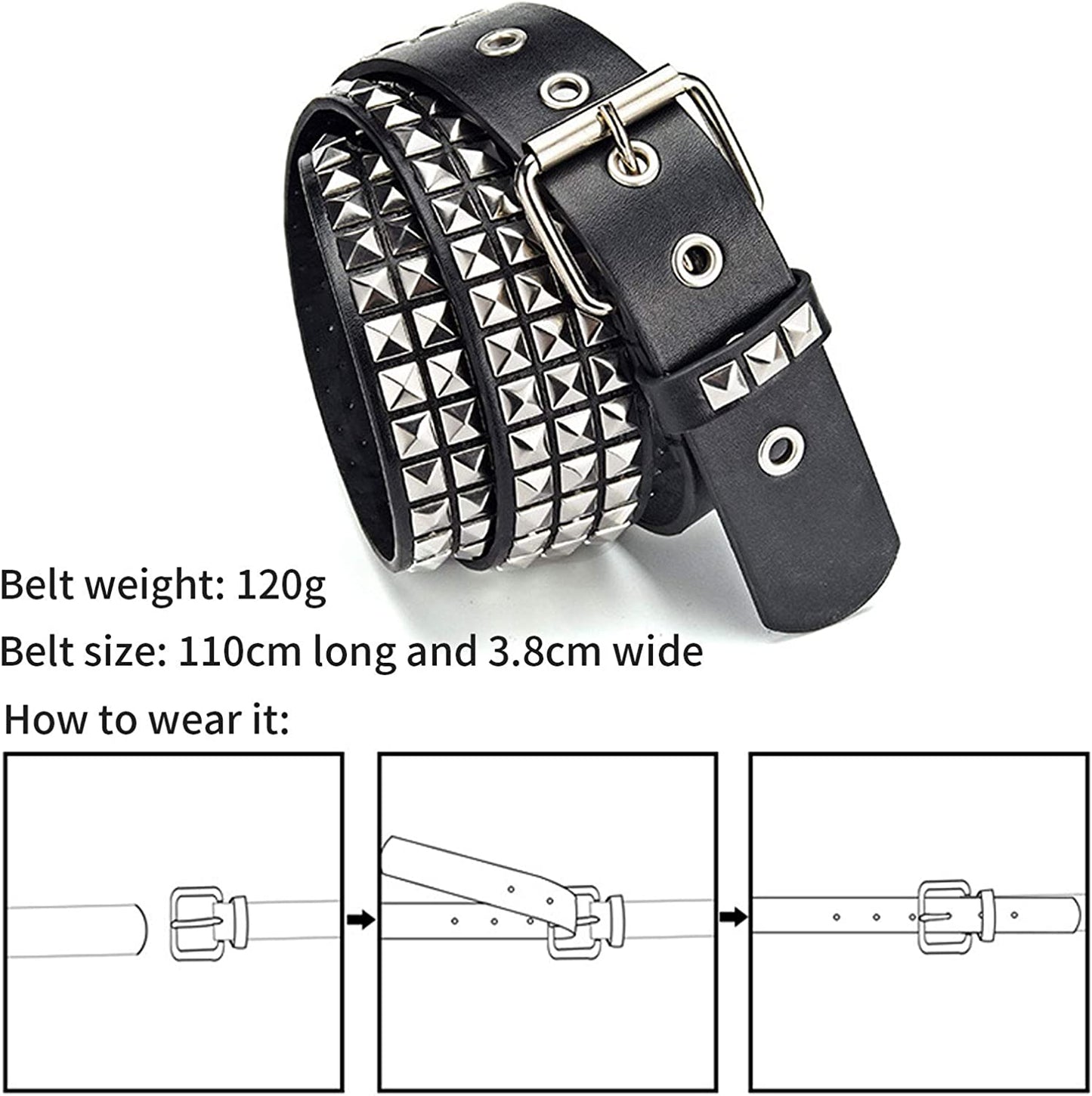 Three Row Punk Studded Belt, Black Belt Metal Pyramid Belt Gothic Rivet for Jeans Pants Apparel & Accessories > Clothing Accessories > Belts DCEVERTTO   