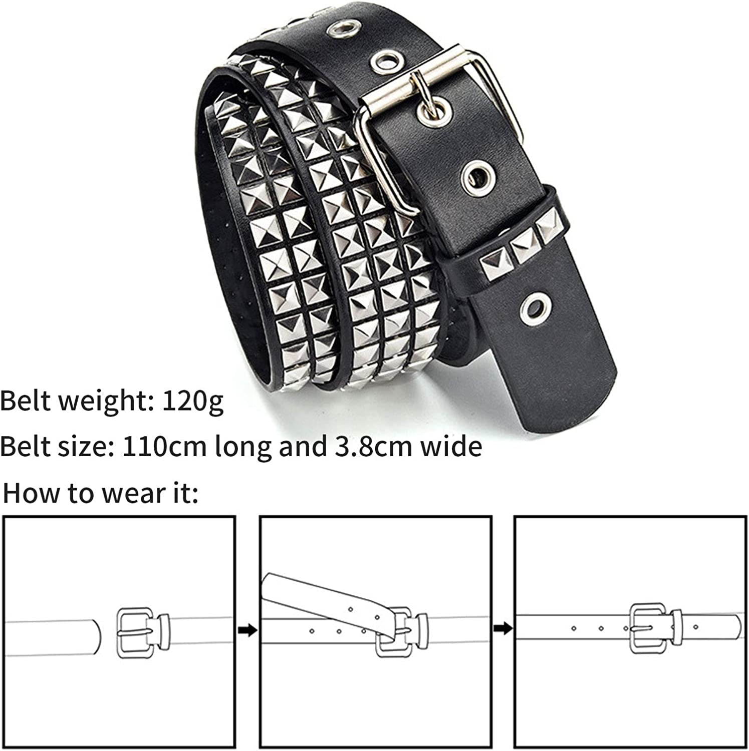 Three Row Punk Studded Belt, Black Belt Metal Pyramid Belt Gothic Rivet for Jeans Pants Apparel & Accessories > Clothing Accessories > Belts DCEVERTTO   