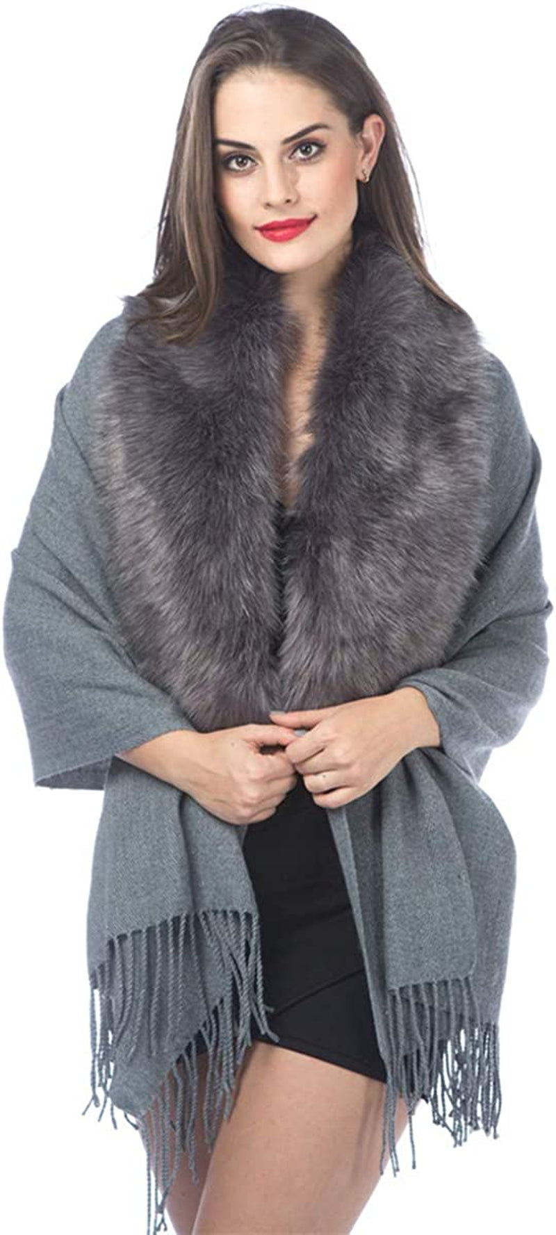 Women Cold Weather Luxurious Faux Fur Collar Joint Large Wrap Scarf for Ladies Apparel & Accessories > Clothing Accessories > Scarves & Shawls Lucky Leaf Wrap1-dark Grey  