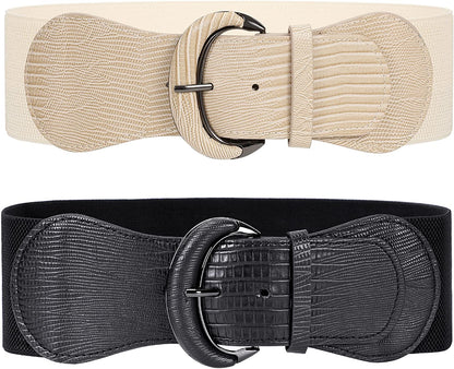 JASGOOD Women Stretchy Wide Waist Belt for Dress Ladies Elastic Belt Hook Buckle Apparel & Accessories > Clothing Accessories > Belts KYLIE MAX E-black+beige Suit for size 37"-42" 