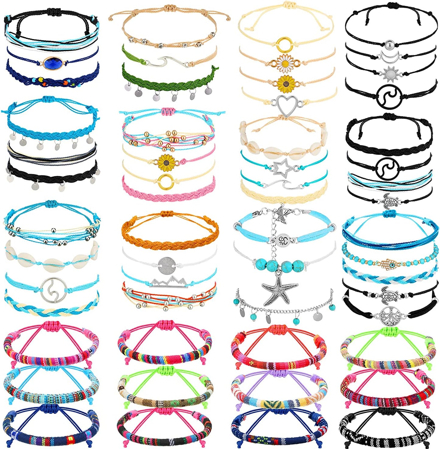 Henoyso 57 Pieces Surfer Strand Wave Bracelet Braided Stretch Friendship Woven Rope Bracelets Adjustable Waterproof Handmade Wax Wrap Bracelet Anklet for Girls Women Apparel & Accessories > Jewelry > Bracelets Henoyso Warm Style  