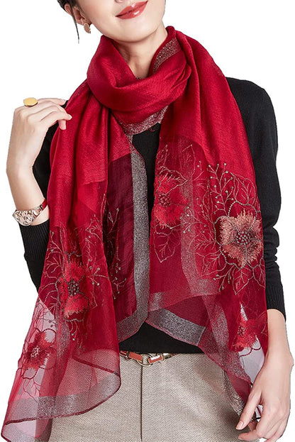WINCESS YU Women Mulberry Silk Scarf Long & Large Embroidered Floral Pattern Shawl and Wraps Neckerchief for Hair & Neck Apparel & Accessories > Clothing Accessories > Scarves & Shawls WINCESS.YU Sunflower Wine Red  