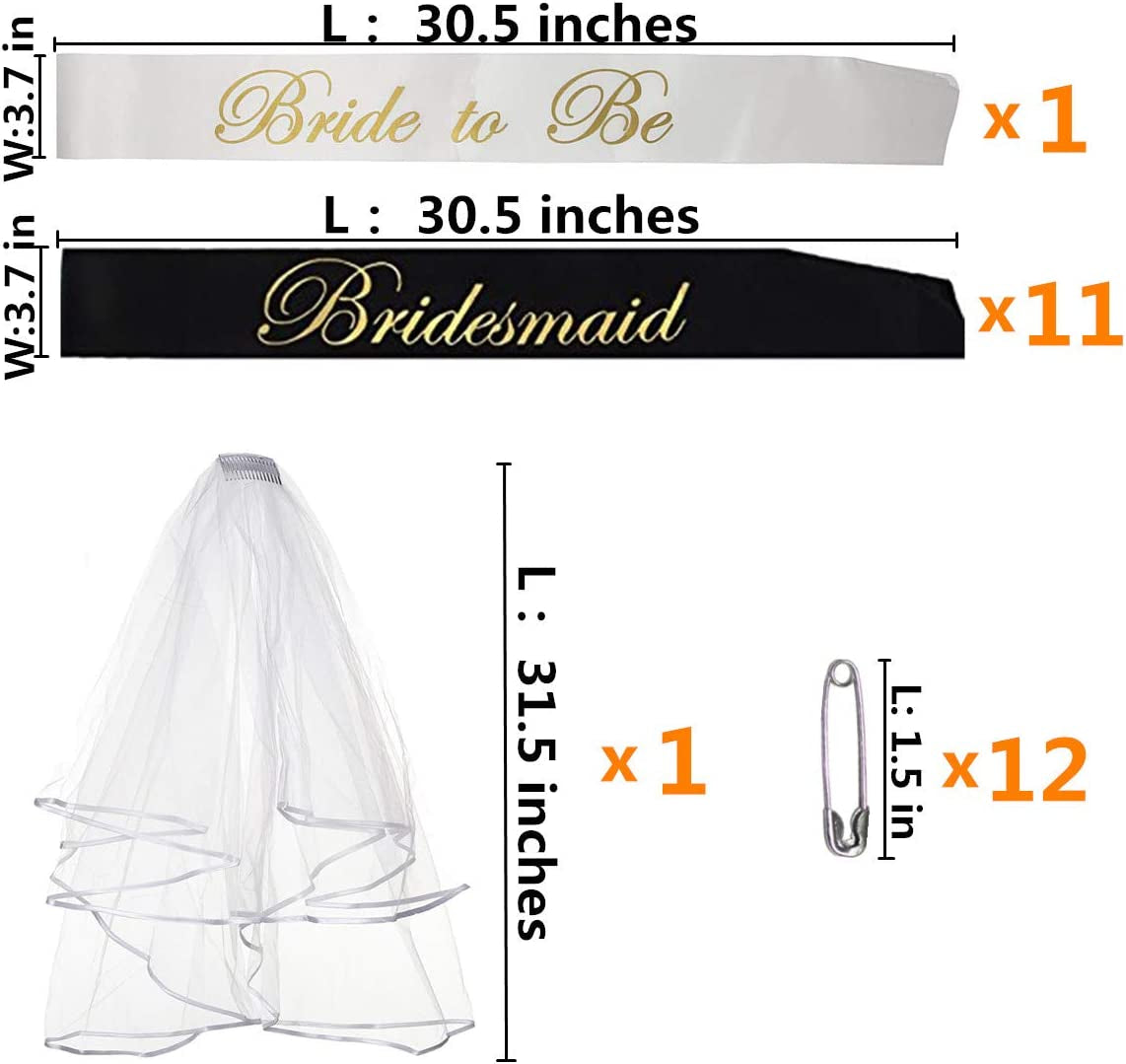 Bridal Shower Bachelorette Party Satin Sash Set:1 Bride to Be Sash, 11 Bride Tribe Sash, 1 Pcs Veil with Comb, 13 Pack Bride Tribe Wedding Decorations Kit for Hen Party, Eng (12 Pcs Sash + 1 Pcs Veil) Apparel & Accessories > Clothing Accessories > Sashes Whrsinlor   