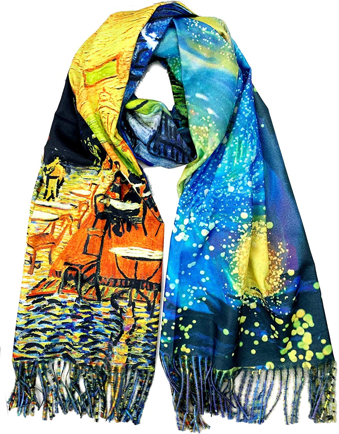 Plum Feathers Super Soft Cashmere Feel Double Sided Reversible Art Shawl Scarf Van Gogh Monet Klimt Inspired Apparel & Accessories > Clothing Accessories > Scarves & Shawls Plum Feathers Cafe Terrace Starry Night  