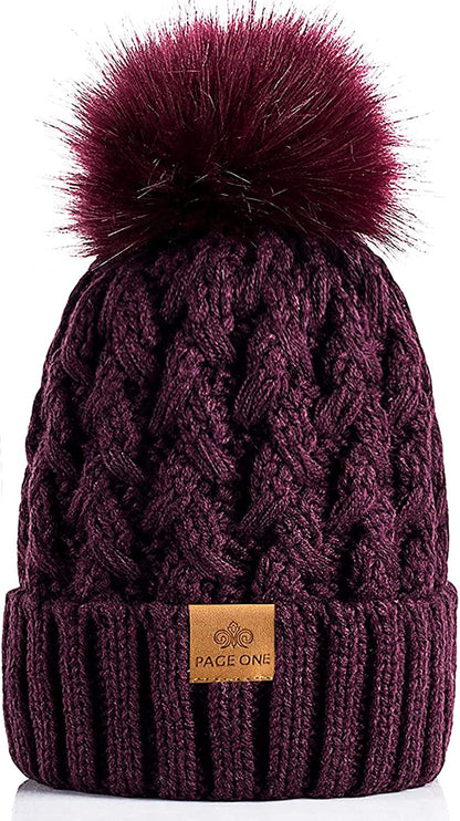 PAGE ONE Womens Winter Ribbed Beanie Crossed Cap Chunky Cable Knit Pompom Soft Warm Hat Apparel & Accessories > Clothing Accessories > Hats PAGE ONE Purple  
