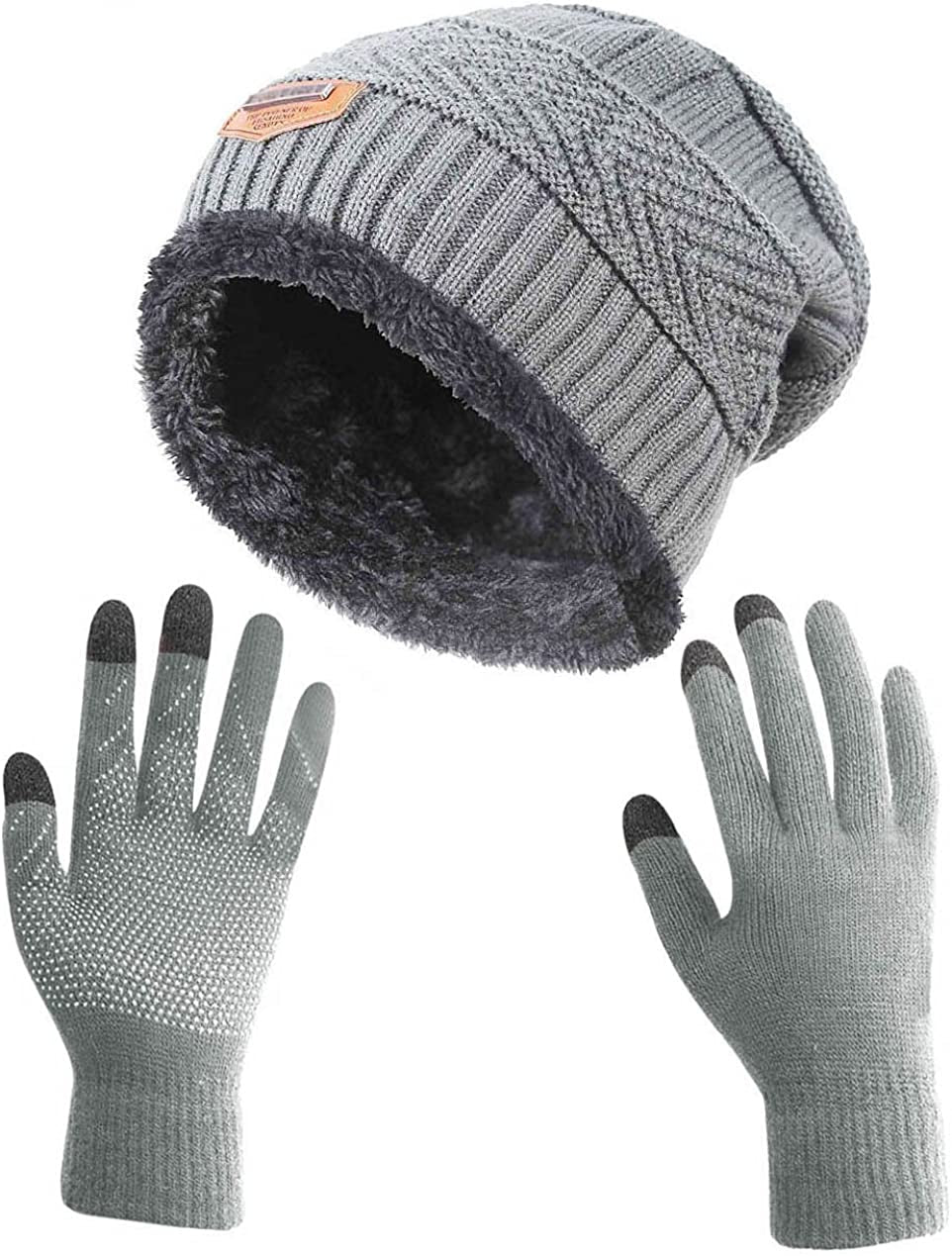 HINDAWI Winter Slouchy Beanie Gloves for Women Knit Hats Skull Caps Touch Screen Mittens Apparel & Accessories > Clothing Accessories > Gloves & Mittens HINDAWI Hat+gloves (Light Grey)  