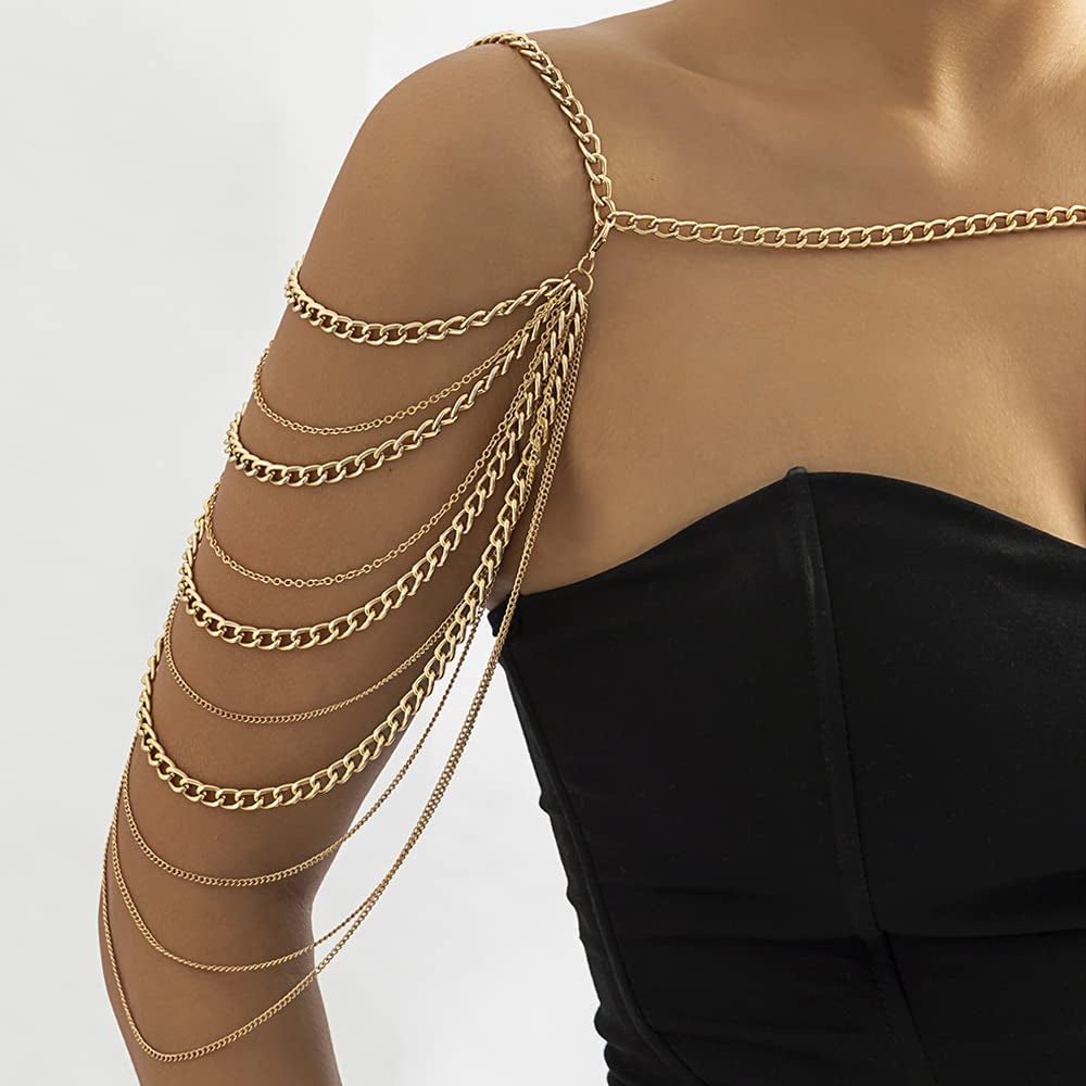 Missgrace Bride Women Shiny Statement Tassel Body Chain Jewelry Shawl Silver Gold Dainty Body Jewelry Layered Shoulder Chain Wedding Party Nightclub Body Accessories Jewelry for Women Bride (Gold) Apparel & Accessories > Jewelry > Body Jewelry Missgrace   