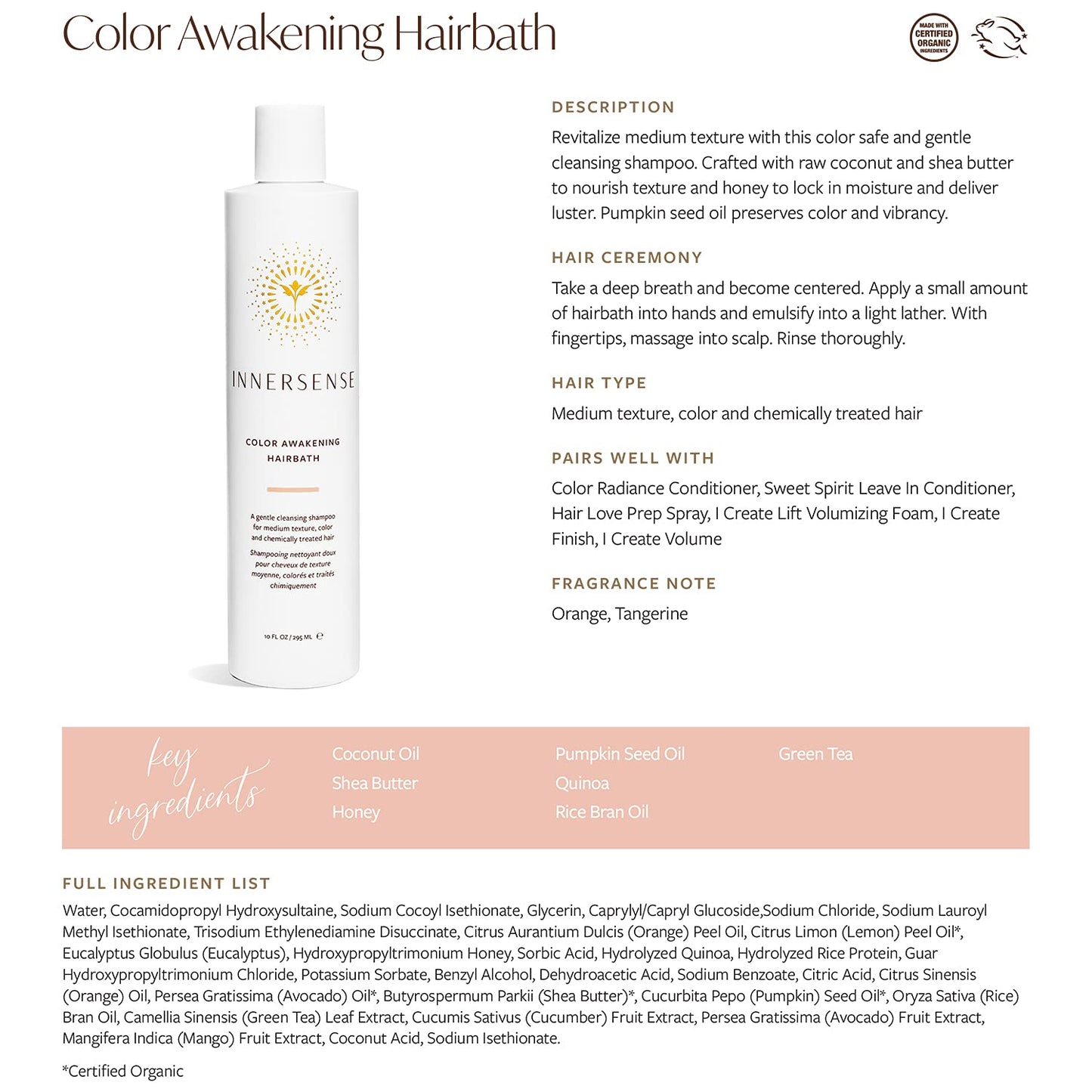 Innersense Organic Beauty - Natural Color Awakening Hairbath Shampoo | Non-Toxic, Cruelty-Free, Clean Haircare (10 Fl Oz | 296 Ml) Health & Beauty > Personal Care > Hair Care INNERSENSE   
