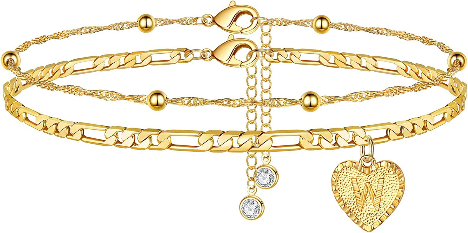 Heart Ankle Bracelets for Women, 14K Gold Filled Layered Figaro Chain Anklet Initial Heart Pendant Anklet Gold Anklets for Women Beach Summer Anklet Foot Jewelry with Extension Apparel & Accessories > Jewelry > Anklets MONOOC W  