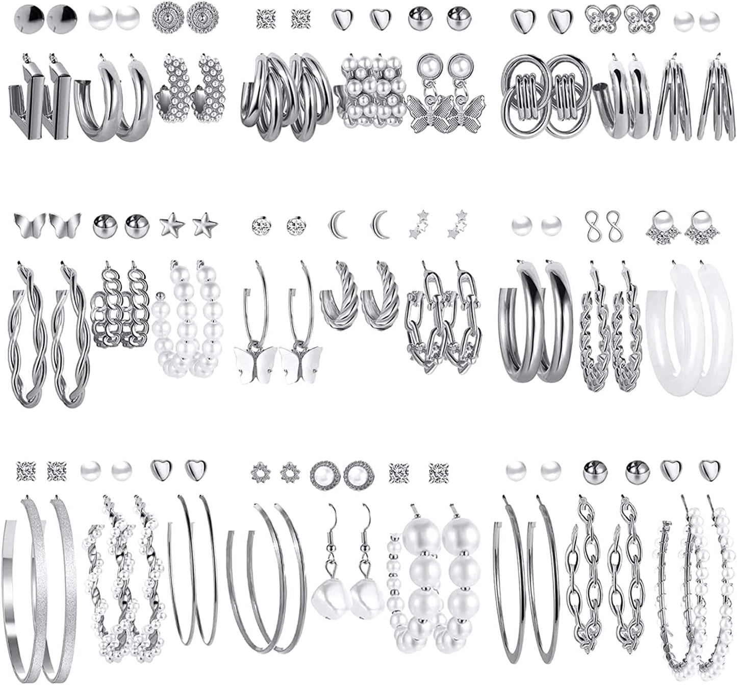 54 Pairs Gold Hoop Earrings Set for Women Multipack, Boho Fashion Statement Stud Hoop Earrings Pack with Pearl Butterfly Shaped Assorted Small Big Hoop Earrings Jewelry for Gift Apparel & Accessories > Jewelry > Earrings 17KM Silver  