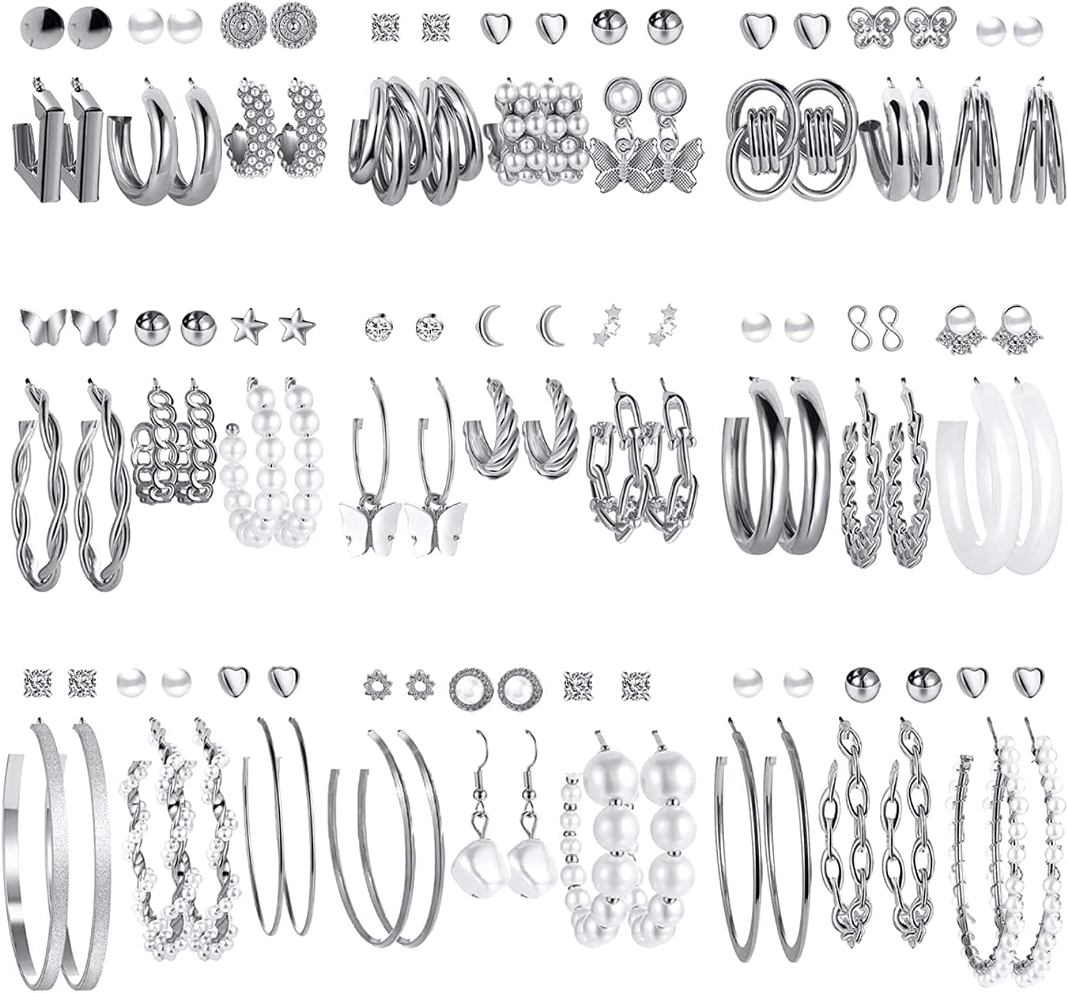 54 Pairs Gold Hoop Earrings Set for Women Multipack, Boho Fashion Statement Stud Hoop Earrings Pack with Pearl Butterfly Shaped Assorted Small Big Hoop Earrings Jewelry for Gift Apparel & Accessories > Jewelry > Earrings 17KM Silver  
