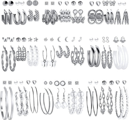 54 Pairs Gold Hoop Earrings Set for Women Multipack, Boho Fashion Statement Stud Hoop Earrings Pack with Pearl Butterfly Shaped Assorted Small Big Hoop Earrings Jewelry for Gift Apparel & Accessories > Jewelry > Earrings 17KM Silver  