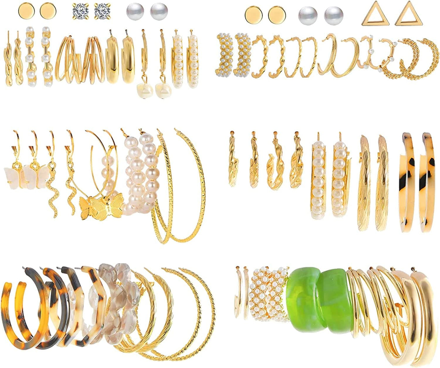 54 Pairs Gold Hoop Earrings Set for Women Multipack, Boho Fashion Statement Stud Hoop Earrings Pack with Pearl Butterfly Shaped Assorted Small Big Hoop Earrings Jewelry for Gift Apparel & Accessories > Jewelry > Earrings 17KM Gold-38Pairs  