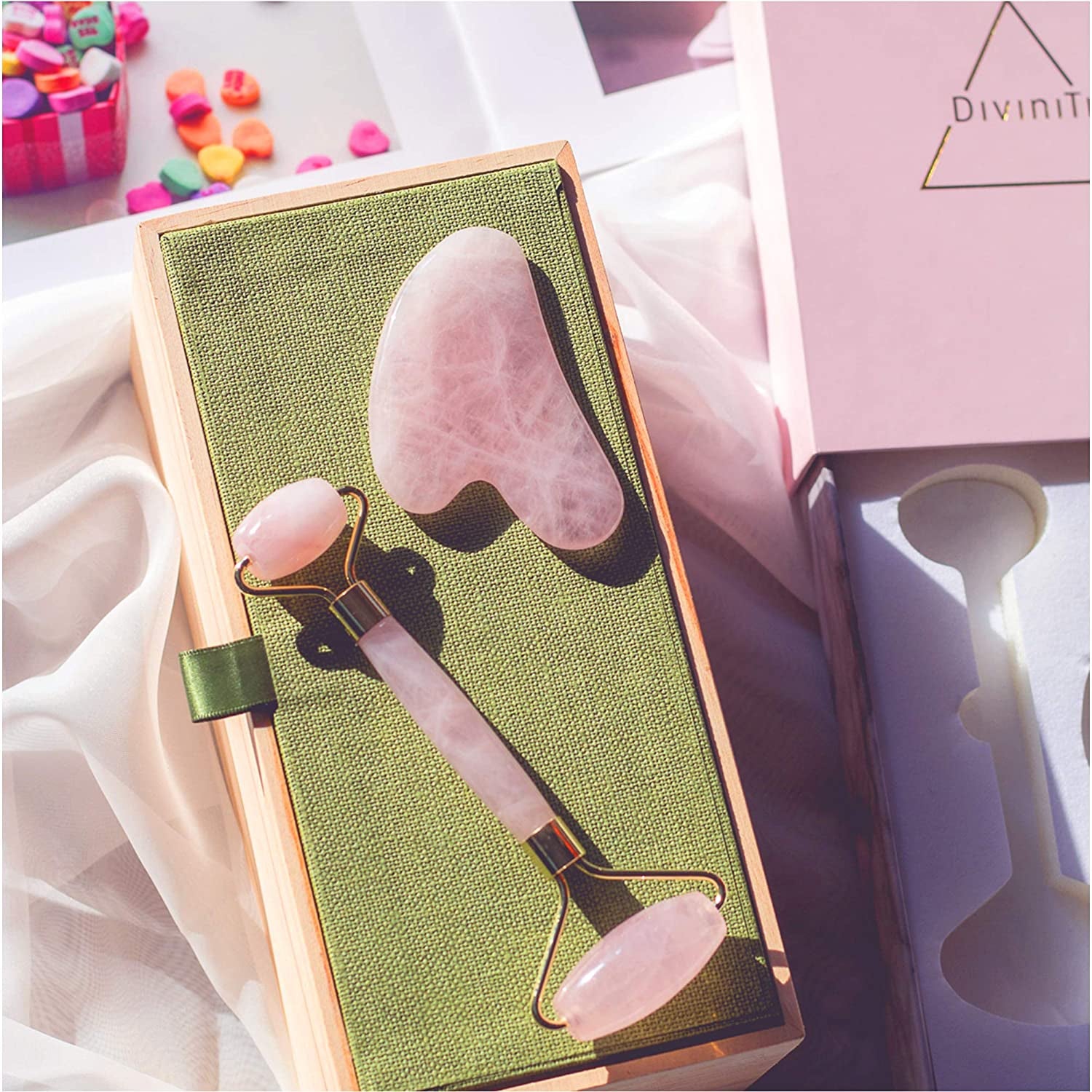 Rose Quartz Roller & Gua Sha Massage Tool - Gifts for Women - Jade Roller for Face Roller - Skincare Tools for Face | anti Aging Rose Quartz Roller for Face | Guasha Tool for Face Health & Beauty > Personal Care > Cosmetics > Cosmetic Tools > Skin Care Tools DROP OF DIVINITI   
