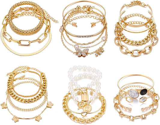 IFKM 6 PACK (24 PCS) Boho Gold Chain Bracelets Set for Women Girls, 14K Gold Plated Multiple Layered Stackable Open Cuff Wrap Bangle Adjustable Link Italian Cuban Jewelry for Women Girls Gift… Apparel & Accessories > Jewelry > Bracelets IFKM 24PCS GOLD BANGLE  