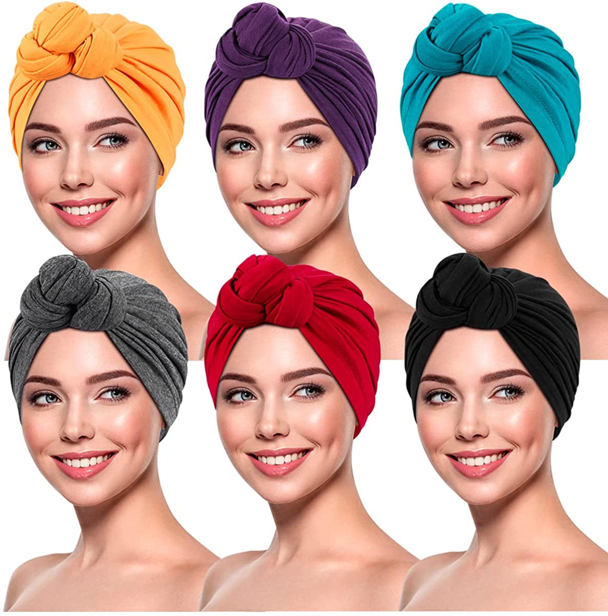 Women Turbans and Head Wraps,Skull-Caps,African Turban Flower Knot Pre-Tied Bonnet Beanie Cap for Women Apparel & Accessories > Clothing Accessories > Headwear DANMY A-blue/Purple/Yellow/Red/Darkgray/Black-6pcs Large 