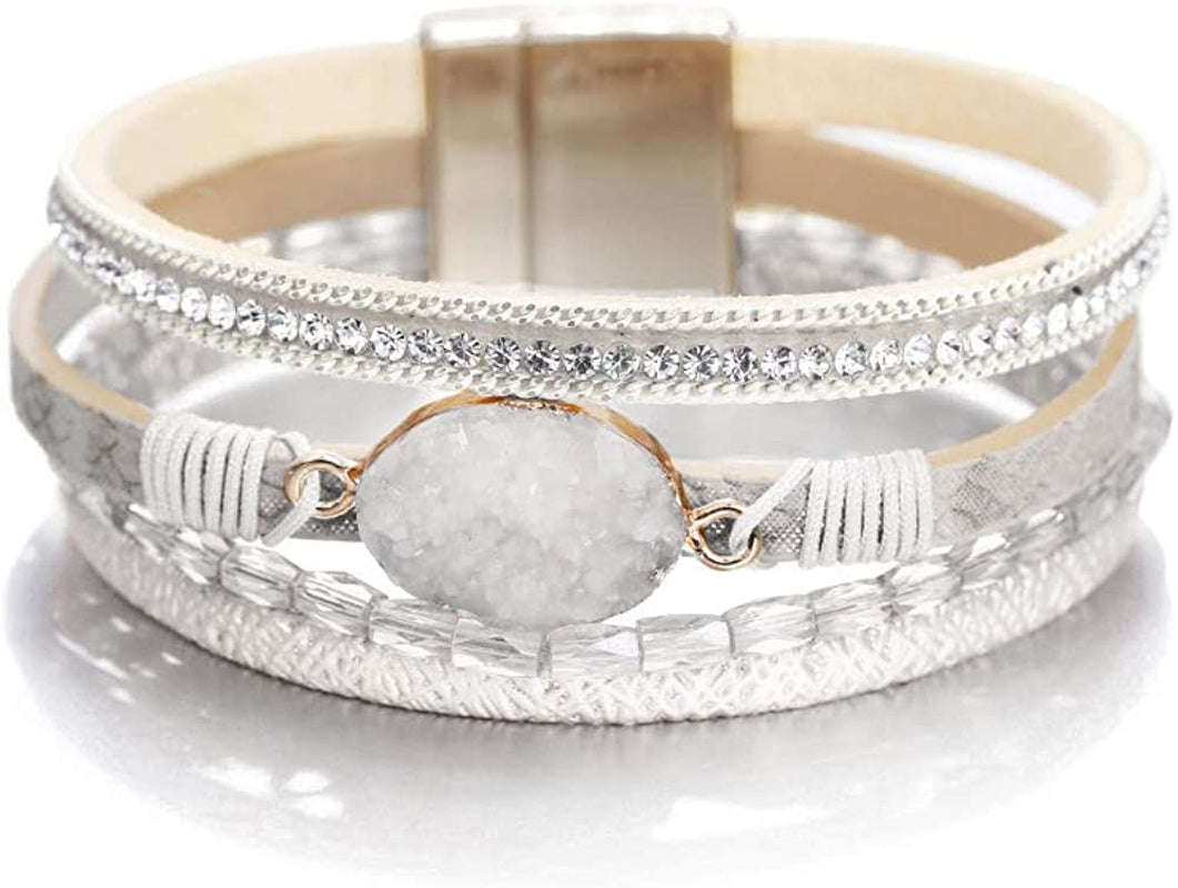 Fesciory Leopard Bracelet for Women Wrap Multi-Layer Leather Bracelet Magnetic Clasp Cuff Bangle Jewelry Apparel & Accessories > Jewelry > Bracelets Fesciory B18-White Stone(Short)  