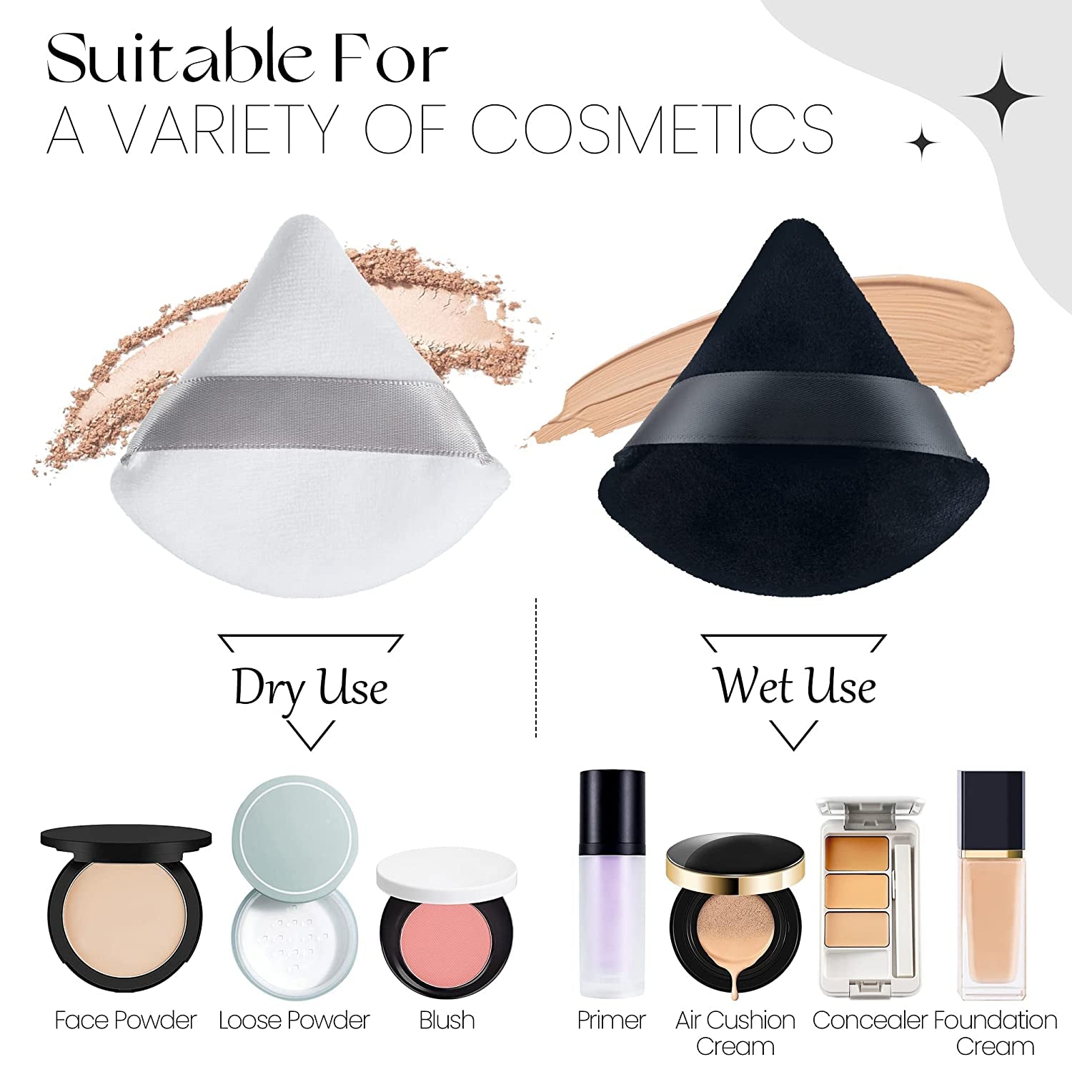 MOTZU 6 Pieces Pure Cotton Powder Puff, Made of Cotton Velour in Triangle Wedge Shape Designed for Contouring, under Eyes and Corners, 2.76 Inch Normal Size, with Strap, Makeup Tool for Cosmetic Health & Beauty > Personal Care > Cosmetics > Cosmetic Tools > Makeup Tools MOTZU   