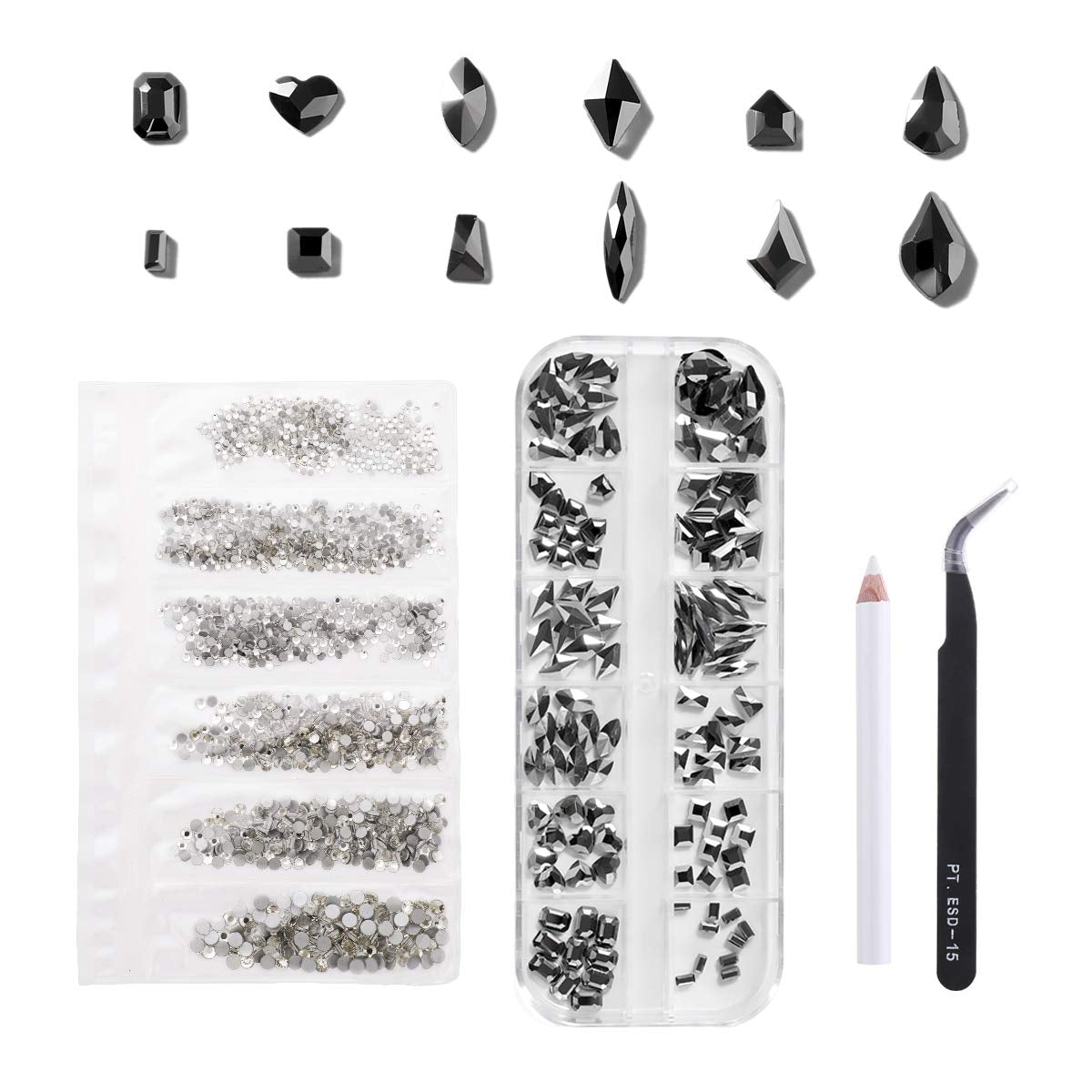 Rhinestones for Nails Kit,3486Pcs round AB Nail Rhinestones 354Pcs 3D Multi Shapes Flatback Nail Crystals Diamonds for Nail Design DIY Nail Salon Manicure Decoration Health & Beauty > Personal Care > Cosmetics > Cosmetic Tools > Nail Tools Ailipu Black-White  