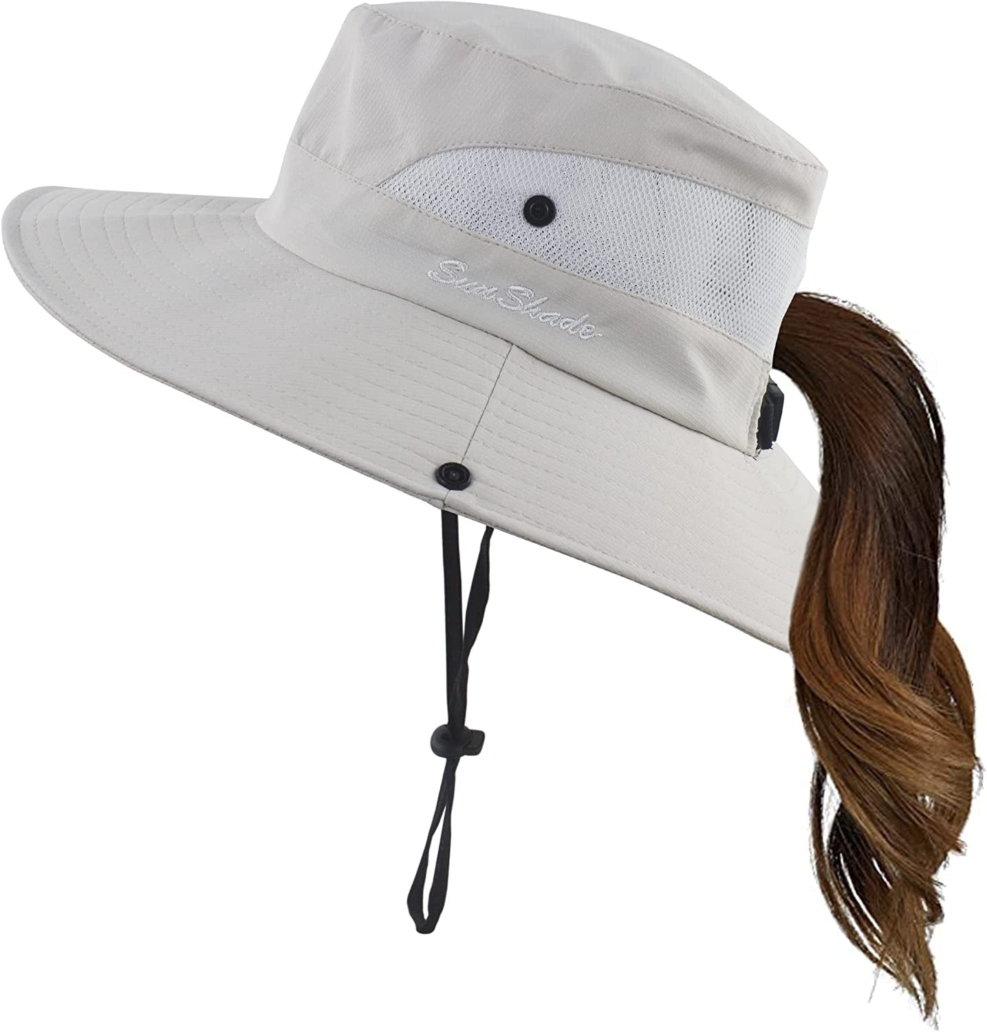 Mukeyo Womens Summer Sun Hat Wide Brim Outdoor UV Protection Hat Foldable Ponytail Bucket Cap for Beach Fishing Hiking Apparel & Accessories > Clothing Accessories > Hats Mukeyo Pure Beige  