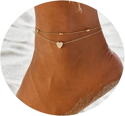 Tasiso 14K Gold Plated Layered Satellite Beads Heart Anklets Layering Rhinestone Cubic Zirconia Ankle Bracelets for Women Minimalist Summer Beach Foot Chain Ankle Jewelry Gifts Apparel & Accessories > Jewelry > Anklets Tasiso 1-Gold Layered Heart  