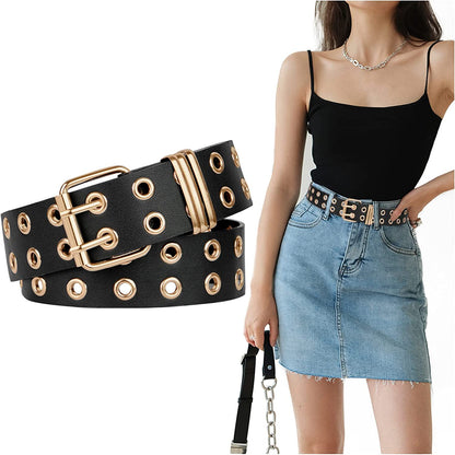 FIORETTO Grommet Leather Belt with Detachable Chain Women Men Punk Rock Waist Belts for Jeans Pants Apparel & Accessories > Clothing Accessories > Belts FIORETTO Double Grommet(black-gold) One Size 