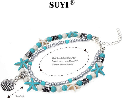 Suyi 5Pcs Layered Beach Anklets for Women Girls Adjustable Sea Turtle Anklets Bracelets Boho Anklet Foot Jewelry Apparel & Accessories > Jewelry > Anklets Suyi   