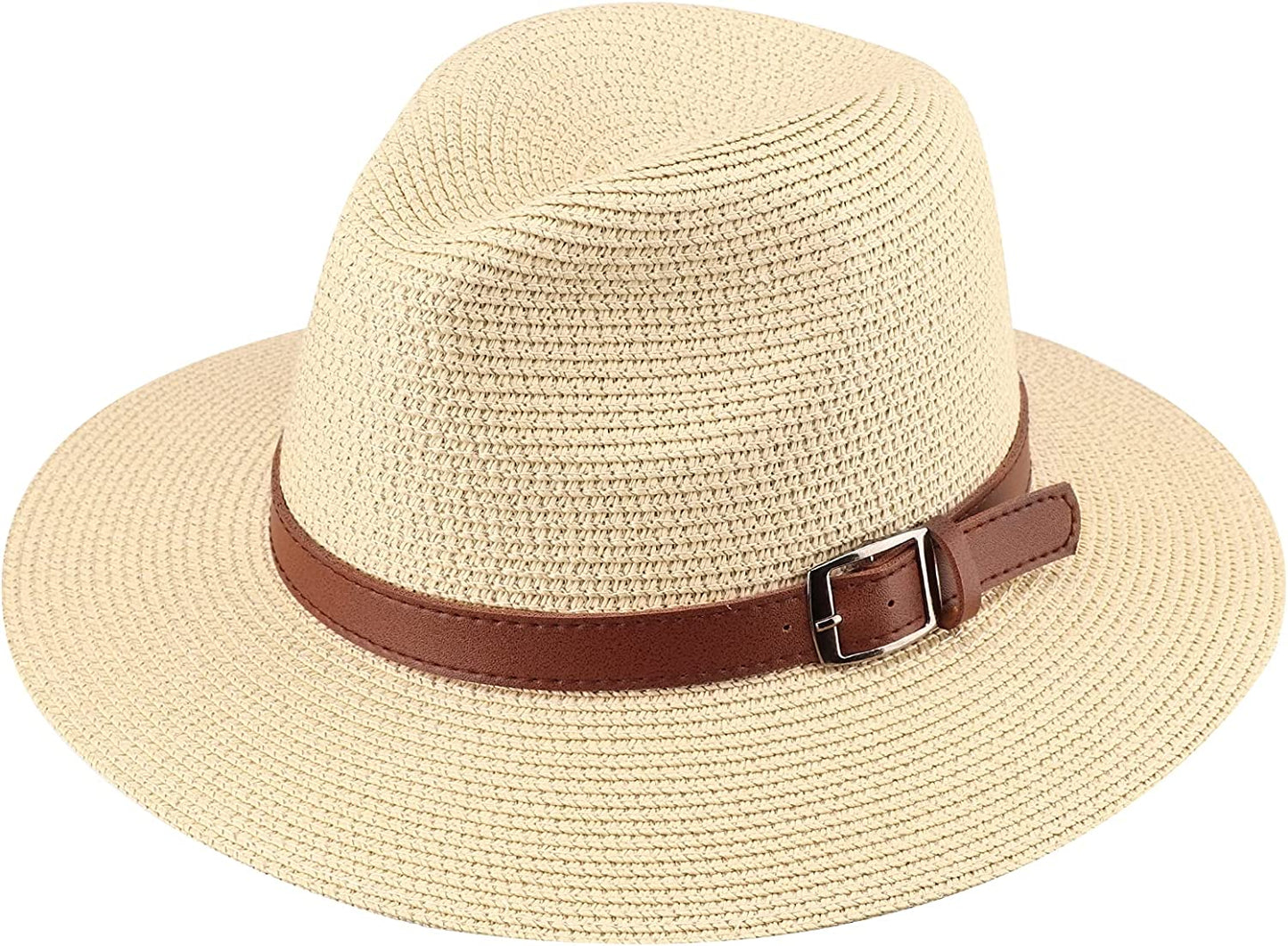 DRESHOW Women Straw Panama Hat Fedora Beach Sun Hat Wide Brim Straw Roll up Hat UPF 50+ Apparel & Accessories > Clothing Accessories > Hats DRESHOW Straw Hat Belt Buckle: Beige  