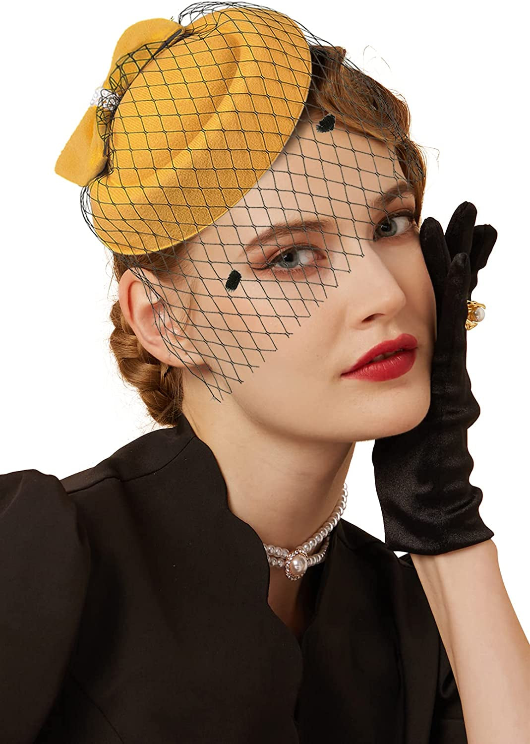 Fascinators Hats 20S 50S Hat Pillbox Hat Cocktail Tea Party Headwear with Veil for Girls and Women Apparel & Accessories > Clothing Accessories > Headwear Cizoe C-mustard Yellow  