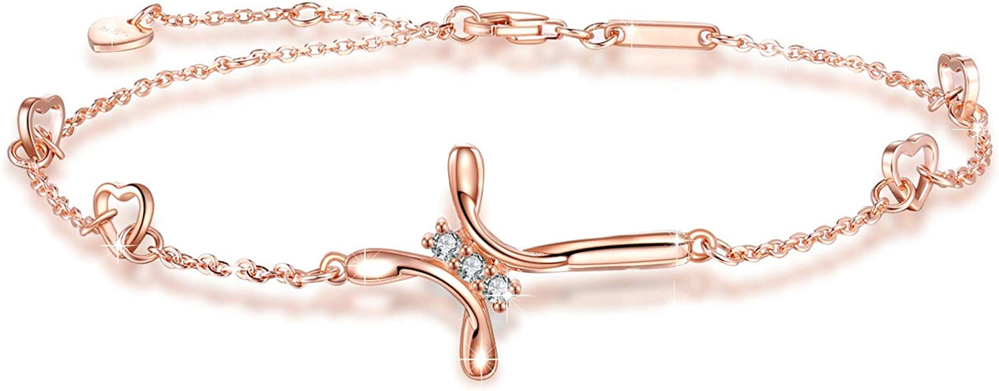 Cross Ankle Bracelet for Women, 925 Sterling Silver Charm Adjustable Foot Anklet, Large Cross Bracelet Apparel & Accessories > Jewelry > Anklets OneSight Rose Gold Three Cubic Zirconia Cross  