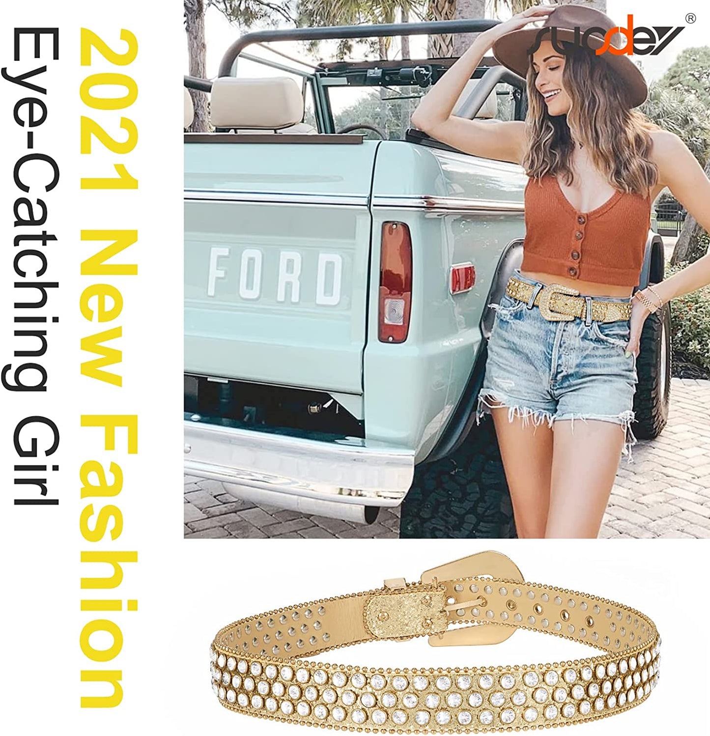 Men Women Fashion Rhinestone Belt SUOSDEY Western Cowgirl Bling Studded Design Leather Diamond Belt for Jeans Dress Apparel & Accessories > Clothing Accessories > Belts SUOSDEY   