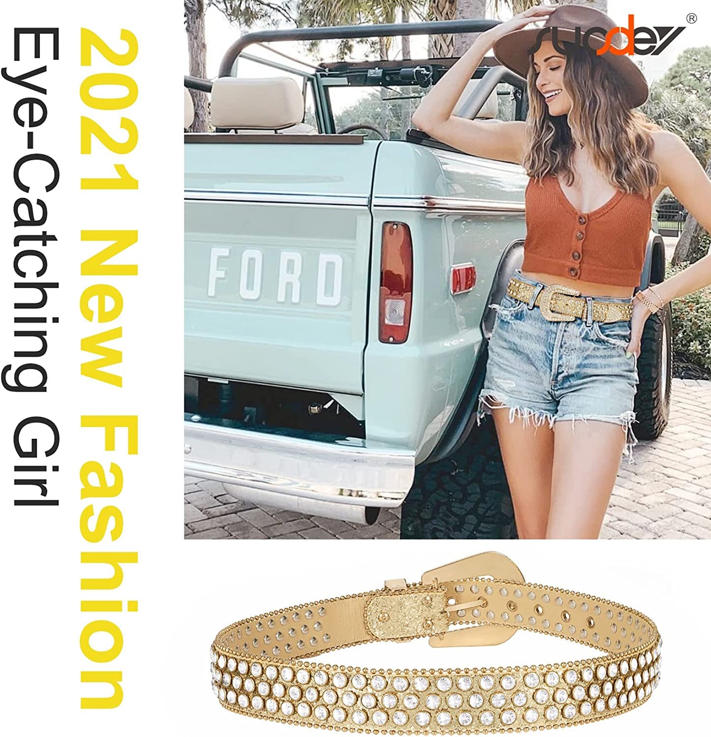 Men Women Fashion Rhinestone Belt SUOSDEY Western Cowgirl Bling Studded Design Leather Diamond Belt for Jeans Dress Apparel & Accessories > Clothing Accessories > Belts SUOSDEY   