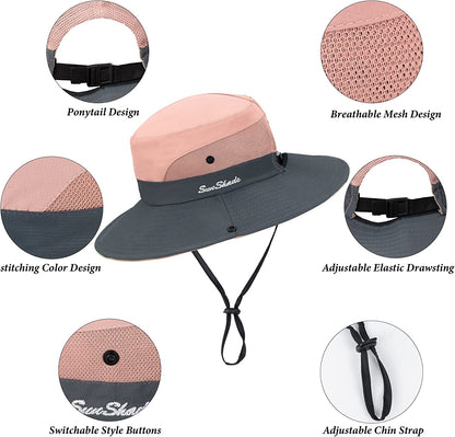 Sun Hat Womens Uv Protection Wide Brim Foldable Mesh Bucket Fishing Hat Ponytail Hole for Summer Hiking Swimming Beach Apparel & Accessories > Clothing Accessories > Hats UTOWO   