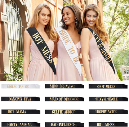Snsowed 12 Pack- Bachelorette Party Bride to Be Sash- Unique Bride Bridesmaid Sashes for Bachelorette Party (Black, Rose Gold Letters) Apparel & Accessories > Clothing Accessories > Sashes Snsowed   