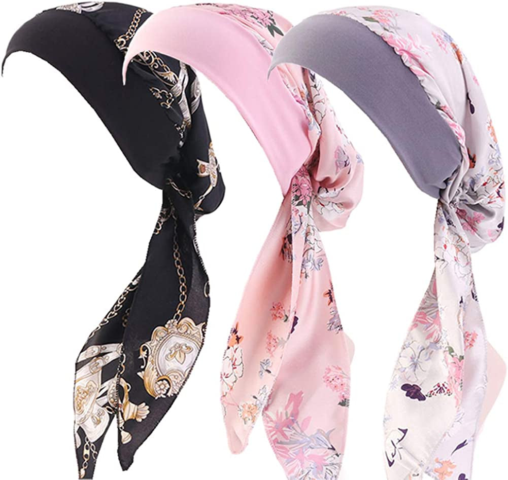 CCCHO Women Vintage Silky Turbans Bonnet Elastic Wide Band Multifunction Printing Hat Chemo Hair Loss Cap Apparel & Accessories > Clothing Accessories > Headwear CCCHO A2-black+grey+pink  