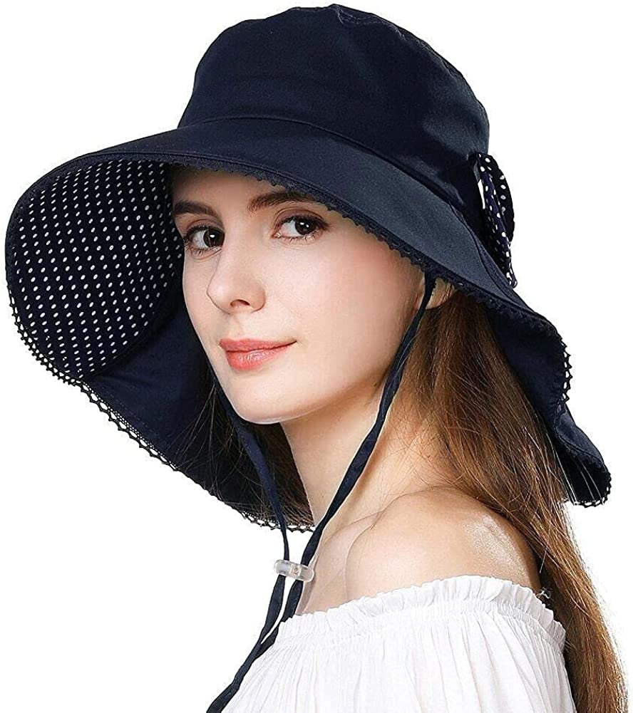 Siggi Summer Pony Tail Flap Cap UPF 50+ Cotton Sun Hat with Ponytail Hole Neck Cover Cord for Women 55-61Cm Apparel & Accessories > Clothing Accessories > Hats Comhats 69053_navy Small 