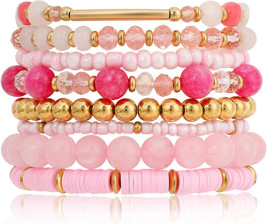 Bohemian Multi-Layer Beaded Stacking Pink Bracelets, 8 Pcs Versatile Strand Stretch Sparkly Crystal Beads Wrap Slip-On Cuff Bangle Set Apparel & Accessories > Jewelry > Bracelets IDEAJOY Pink  