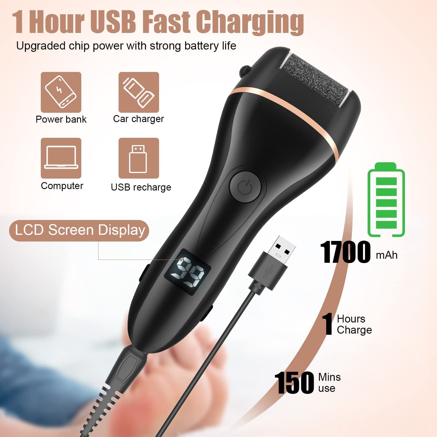 Electric Foot File Callus Remover for Feet, Rechargeable Pedicure Kit Foot Care with 3 Speed, Callus Remover Kit with 3 Roller Heads, Battery LCD Display for Remove Cracked Heels Calluses&Hard Skin Health & Beauty > Personal Care > Foot Care AdamPark   