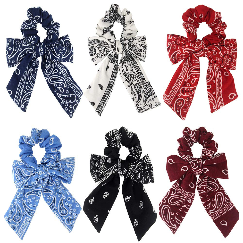 Cutewing Paisley Hair Scrunchies with Bow Hair Scarves Scrunchy Ponytail Holder Elastics Hair Bands Ribbon Hair Tie for Women Girls with 6PCS Apparel & Accessories > Clothing Accessories > Bandanas & Headties Cutewing NO1  