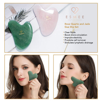 Gua Sha Facial Tool Set by Esmee 2 in 1 Premium Massage Therapy Tools Jade and Rose Quartz Guasha Face Massage Tool Anti-Aging Beauty Therapy for Skin Rejuvenation Face Scraping Tools (Heart Shape) Health & Beauty > Personal Care > Cosmetics > Cosmetic Tools > Skin Care Tools Esmee Beauty and Lifestyle   